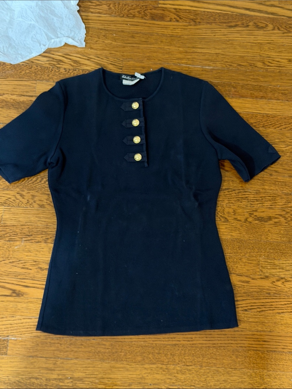 Vintage Ferragamo Classic Black Short-Sleeve Top with Gold Buttons XS